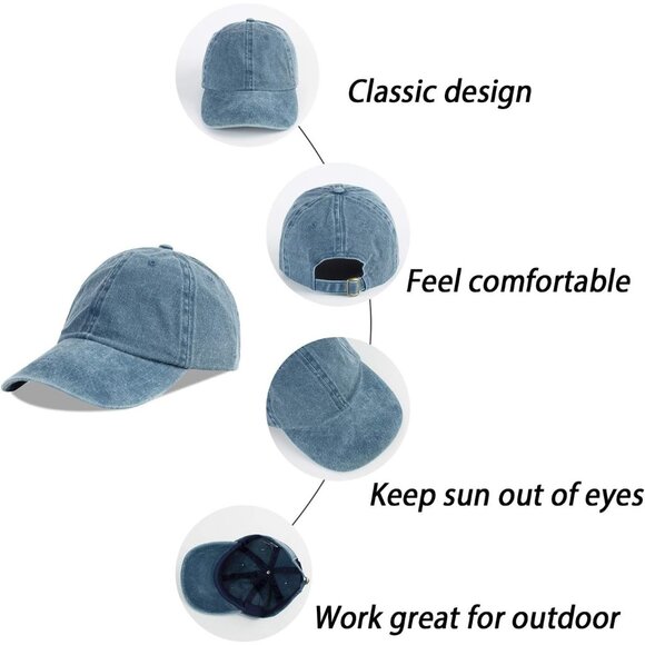 Unisex Black + Denim Blue Baseball Cap Cotton Fits Washed Denim Adjustable Hat - Picture 6 of 6